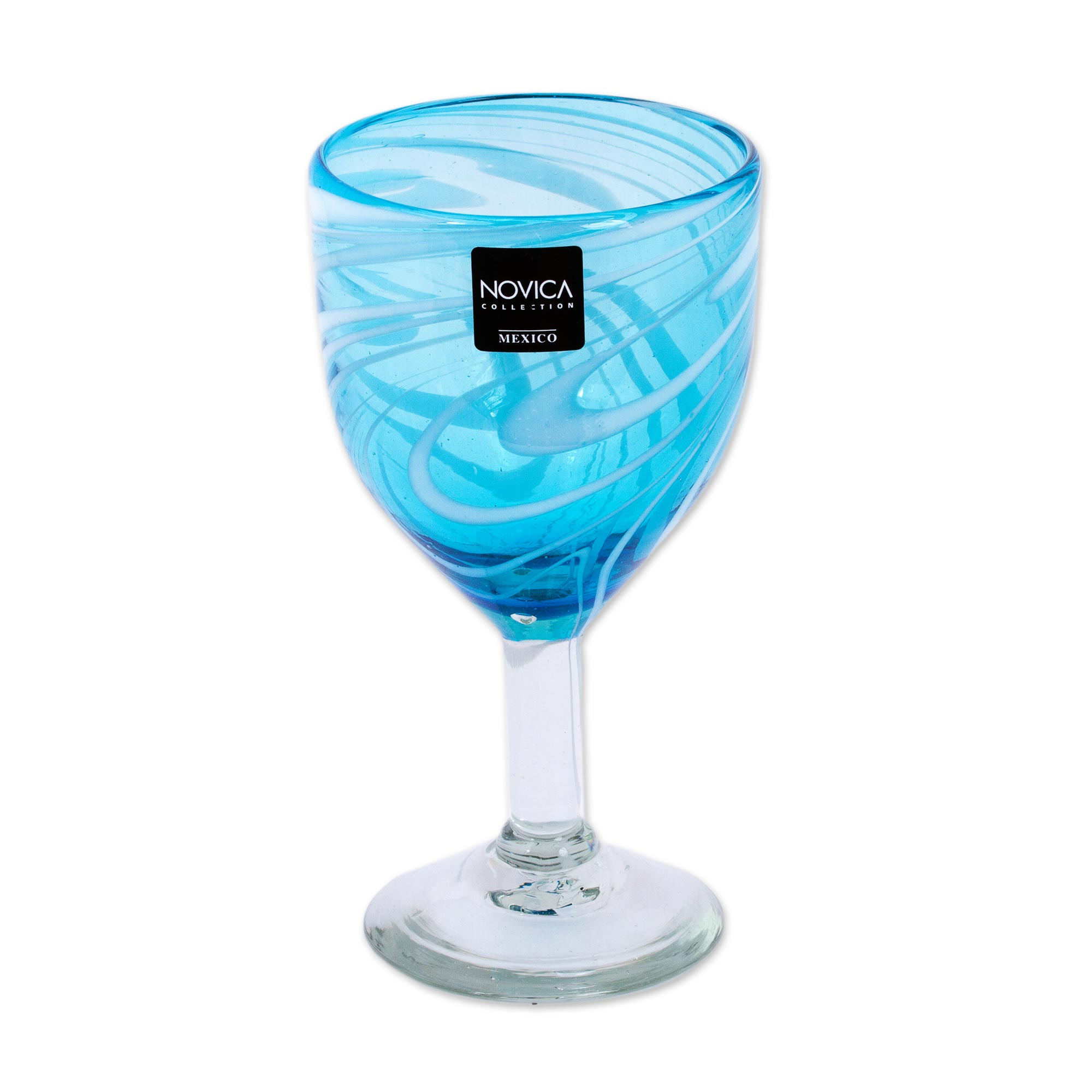 Unicef Market 6 Hand Blown Wine Glasses In Aqua And White From Mexico Whirling Aquamarine 5022