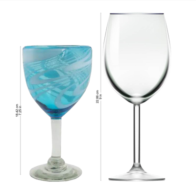 Blown glass wine glasses, 'Whirling Aquamarine' (set of 6) - 6 Hand Blown Wine Glasses in Aqua and White from Mexico