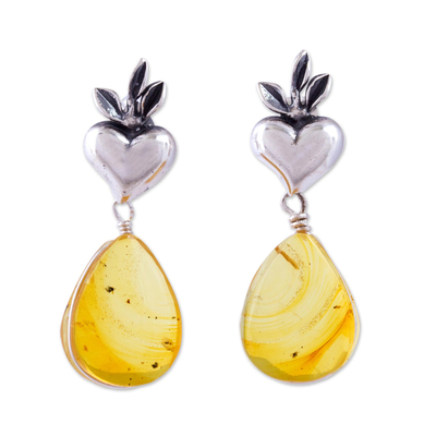 Heart Sterling Silver Earrings with Amber Droplets