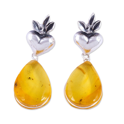 Amber heart earrings, 'Fern Hearts' - Heart Sterling Silver Earrings with Amber Droplets