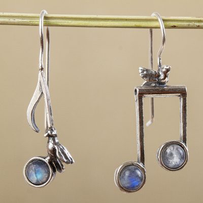 Moonstone drop earrings, 'Bird Songs' - Sterling Silver Musical Bird Earrings with Moonstone
