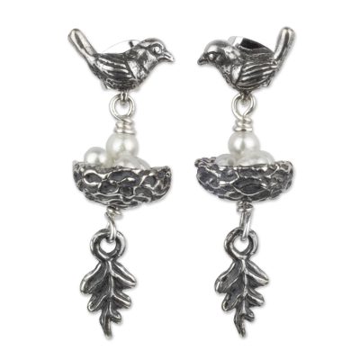 Cultured pearls dangle earrings, 'Canary Story' - Sterling Silver Bird Earrings with Pearl Eggs in Nest
