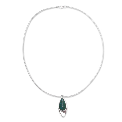 Chrysocolla pendant necklace, 'Ocean's Edge' - Taxco 950 Silver Modern Pendant Necklace with Chrysocolla