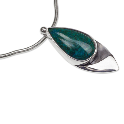Chrysocolla pendant necklace, 'Ocean's Edge' - Taxco 950 Silver Modern Pendant Necklace with Chrysocolla