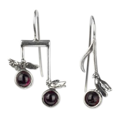 Garnet drop earrings, 'Bird Songs' - Sterling Silver Musical Notes Bird Earrings with Garnet