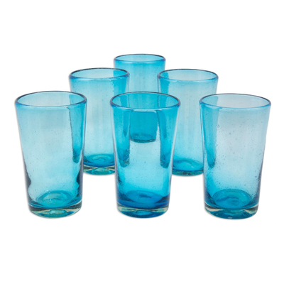 Handblown glass tumblers, 'Aquamarine Bubbles' (set of 6) - Set of 6 Aquamarine Hand Blown 15 oz Tumblers