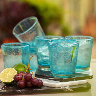 Blown glass juice glasses, Aquamarine Bubbles (set of 6)