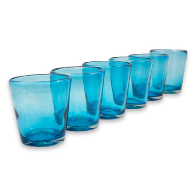 Vasos para jugo de vidrio soplado, (juego de 6) - Juego de 6 vasos de jugo de aguamarina soplados a mano de 10 oz