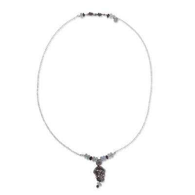Day of the Dead Silver Necklace with Garnet and Aquamarine