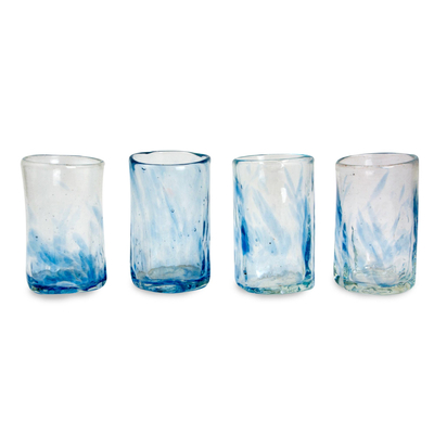 Blown glass shot glasses, 'Azure Mist' (set of 4) - Set of 4 Mexican Clear Blue Blown Glass Mezcal Shot Glasses
