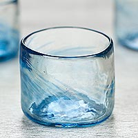 Blown glass lowball glasses, 'Azure Mist' (set of 4, 5 oz) - Set of 4 Mexican Clear Blue Blown Glass Rocks Glasses (5 oz)