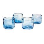 Blown glass lowball glasses, 'Azure Mist' (set of 4, 5 oz) - Set of 4 Mexican Clear Blue Blown Glass Rocks Glasses (5 oz)