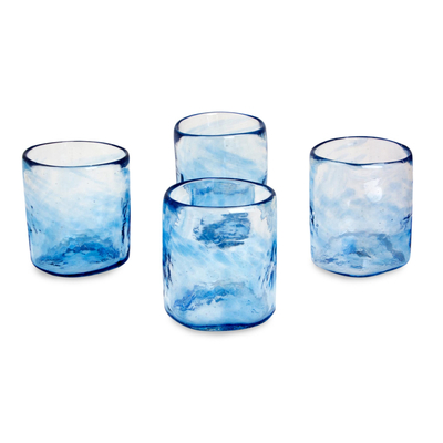 Vasos rocks de vidrio soplado, (juego de 4, 8 oz) - Juego de 4 vasos mexicanos de vidrio soplado azul transparente (8 oz)