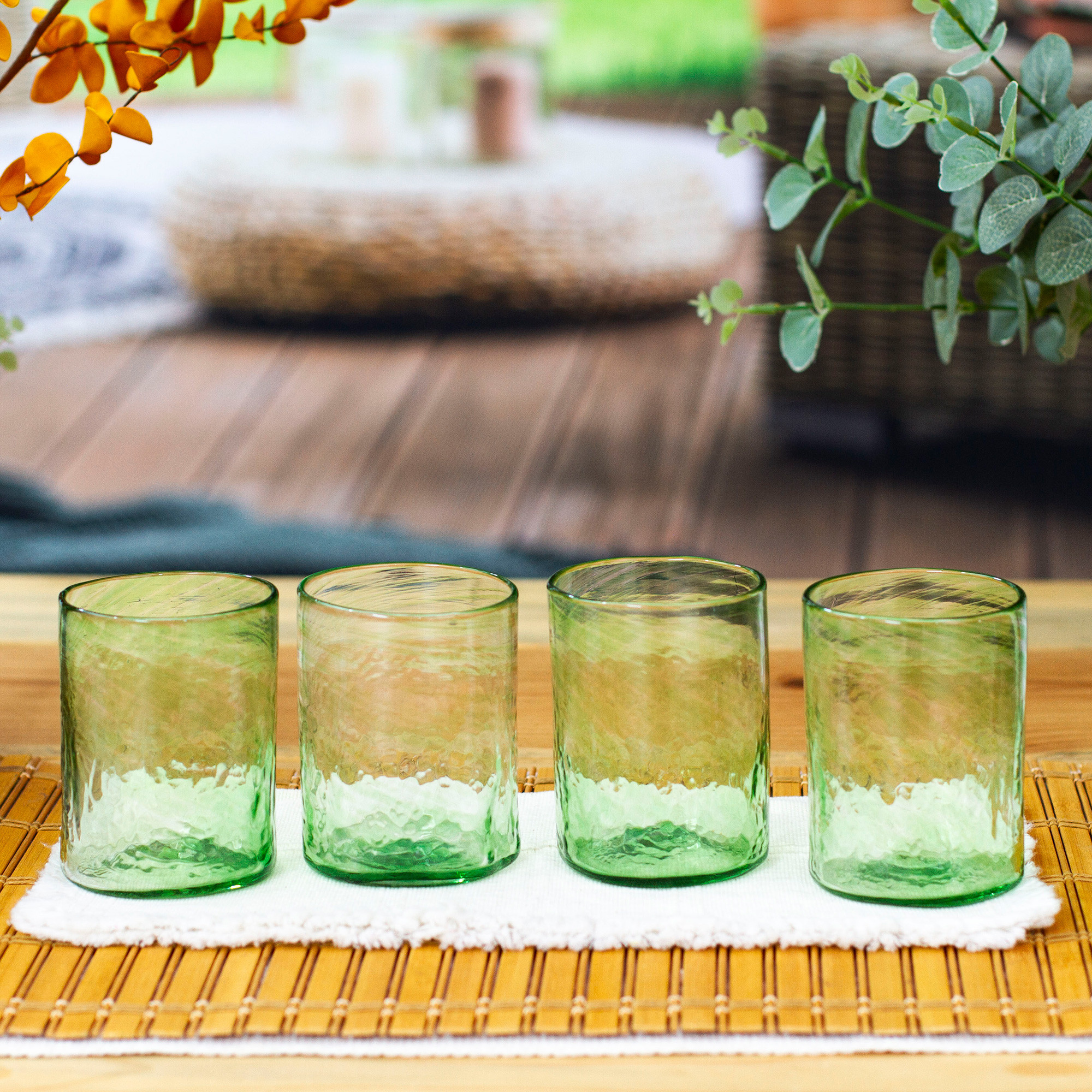 Set of 4 Artisan Crafted Blown Glass Green Rocks Glasses 8oz Jade