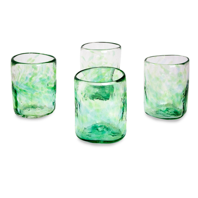 Blown glass rocks glasses, 'Jade Mist' (set of 4, 8 oz) - Set of 4 Artisan Crafted Blown Glass Green Rocks Glasses 8oz