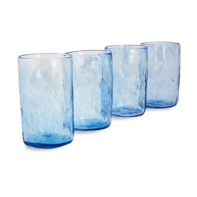 Blown glass tumblers, 'Azure Mist' (set of 4) - Set of 4 Clear Blue Hand Blown 11 oz Tumblers