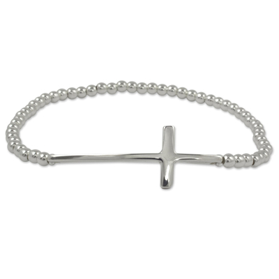 Sterling silver beaded bracelet, 'My Faith' - Handcrafted Beaded Cross Bracelet of Taxco Silver
