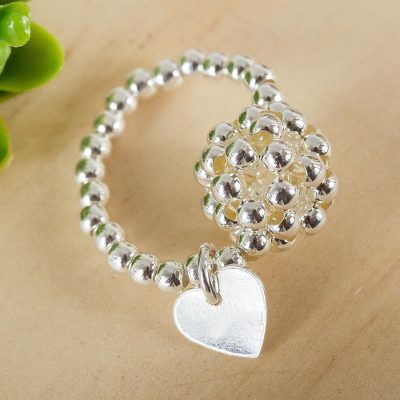 Sterling silver cluster ring, 'Heart Constellation' - Women's Silver Cluster Ring with a Heart Charm