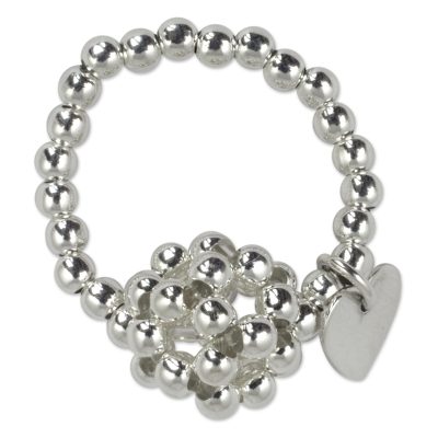 Sterling silver cluster ring, 'Heart Constellation' - Women's Silver Cluster Ring with a Heart Charm