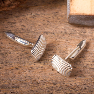 Sterling silver cufflinks, 'Minimalist Grille' - Artisan Crafted Cufflinks of Mexican Taxco Silver