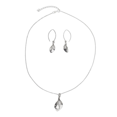 Cultured pearl jewelry set, 'Calla Lily' - Sterling Silver Floral Jewelry Set with Cultured Pearl