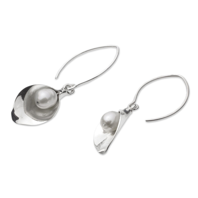 Cultured pearl jewelry set, 'Calla Lily' - Sterling Silver Floral Jewelry Set with Cultured Pearl