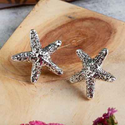 Sterling silver button earrings, 'Starfish Friendship' - Taxco Artisan Crafted Sterling Silver Starfish Earrings