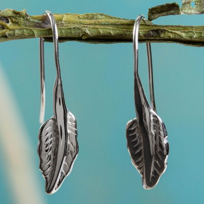 Sterling silver drop earrings, 'Windblown Leaf' - Artisan Crafted Mexican Silver Leaf Theme Earrings