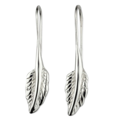 Sterling silver drop earrings, 'Windblown Leaf' - Artisan Crafted Mexican Silver Leaf Theme Earrings