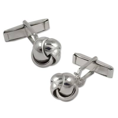 Sterling silver cufflinks, 'Lover's Knot' - Modern Handcrafted Sterling Silver Cufflinks from Mexico