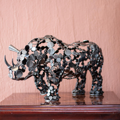 Upcycled metal sculpture, 'Rustic Rhino' - 20-Inch Eco-Friendly Recycled Metal Rhinoceros Sculpture