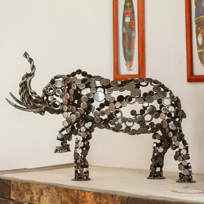 Upcycled metal sculpture, 'Rustic Male Elephant' - Eco-Friendly Recycled Metal 20-Inch Elephant Sculpture