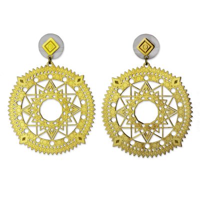 Gold plated dangle earrings, 'Solar Stars' - Gold Plated Circular Earrings with Cutout Star Motifs