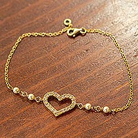 Gold plated cultured pearl heart bracelet, 'Sweet Romance' - Mexican Gold Plated Cultured Pearl Heart Bracelet
