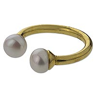 Gold plated cultured pearl wrap ring, 'Twin Luminescence' - Gold Plated Artisan Crafted Cultured Pearl Wrap Ring
