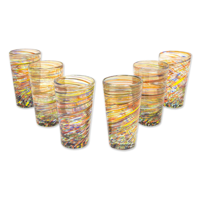 Blown glass highball glasses, 'Rainbow Centrifuge' (set of 6) - Hand Blown Mexican Multicolor 13 oz Highball Glasses (6)