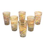 Handblown highball glasses, 'Rainbow Centrifuge' (set of 6) - Hand Blown Mexican Multicolor 13 oz Highball Glasses (6)