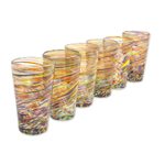Handblown highball glasses, 'Rainbow Centrifuge' (set of 6) - Hand Blown Mexican Multicolor 13 oz Highball Glasses (6)
