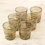 Blown glass rocks glasses, 'Rainbow Centrifuge' (set of 6) - Mexican Multicolor 11 oz Rocks Glasses Hand Blown Set of 6