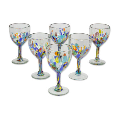 Blown glass wine glasses, 'Confetti Festival' (set of 6) - Hand Blown Colorful 8 oz Wine Glasses (Set of 6)