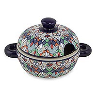 Ceramic covered sauce dish, 'Guanajuato Festivals' - Mexican Handcrafted Floral Ceramic Sauce Dish with Lid
