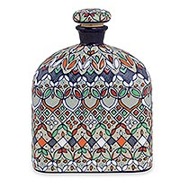 Ceramic decanter, 'Guanajuato Festivals' - Multicolor Floral Ceramic Decanter and Cork Lid