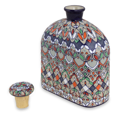 Decantador de cerámica - Decantador de cerámica floral multicolor y tapa de corcho