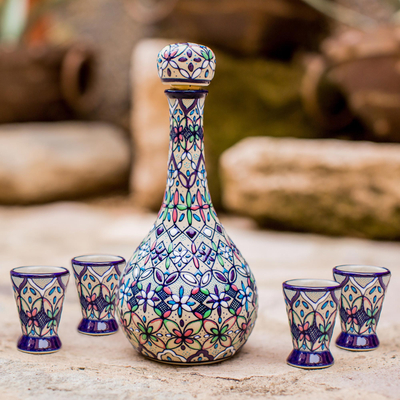 Ceramic shot glasses, 'Valenciana Violets' (set of 4) - Four Handcrafted Mexican Ceramic Tequila Shot Glasses