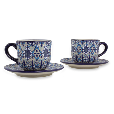 Ceramic cups and saucers, 'Blue Bajio' (set for 2) - Mexican Blue Ceramic Cups and Saucers (Set for 2)