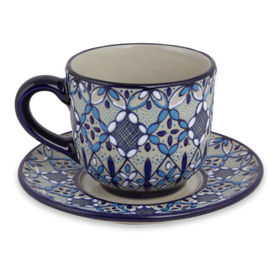 Ceramic cups and saucers, 'Blue Bajio' (set for 2) - Mexican Blue Ceramic Cups and Saucers (Set for 2)