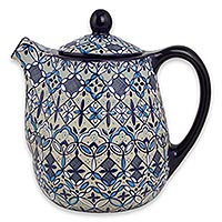 Keramik-Kaffeekanne „Blue Bajio“ – handgefertigte Keramik-Kaffeekanne mit Blumenmuster in Blau auf Beige