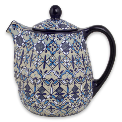 Kaffeekanne aus Keramik - Handgefertigte Keramik-Kaffeekanne mit Blumenmuster in Blau auf Beige
