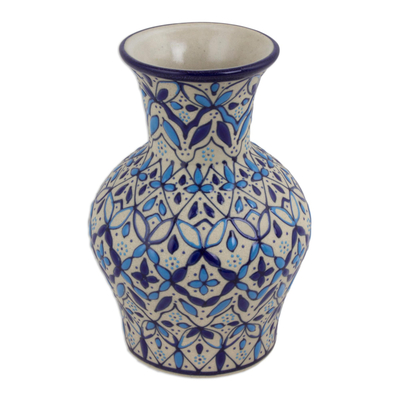 Jarrón de cerámica, 'Blue Patzcuaro' - Jarrón de cerámica azul hecho a mano de 6 pulgadas de México