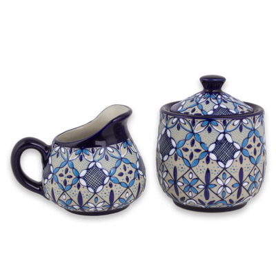 Ceramic sugar bowl and creamer, Blue Bajio